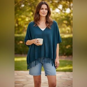 Chico's Deep Blue /Teal Knit Fringe Poncho